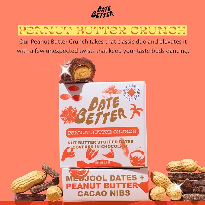 Date Better Peanut Butter Crunch Stuffed Medjool Dates - Dark Chocolate-Covered Dates Filled With Crunchy Peanut Butter &amp Cacao Nibs | No Artificial Sweeteners Gluten-Free &amp Vegan (6-Pack)