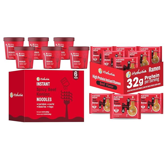 Hethstia Spicy Beef Konjac Pho &amp High Protein Ramen Cup – 32g Plant Protein Ramen + Low-Calorie Shirataki Pho – 6 High Protein Cups + 6 Pho Soup Cups