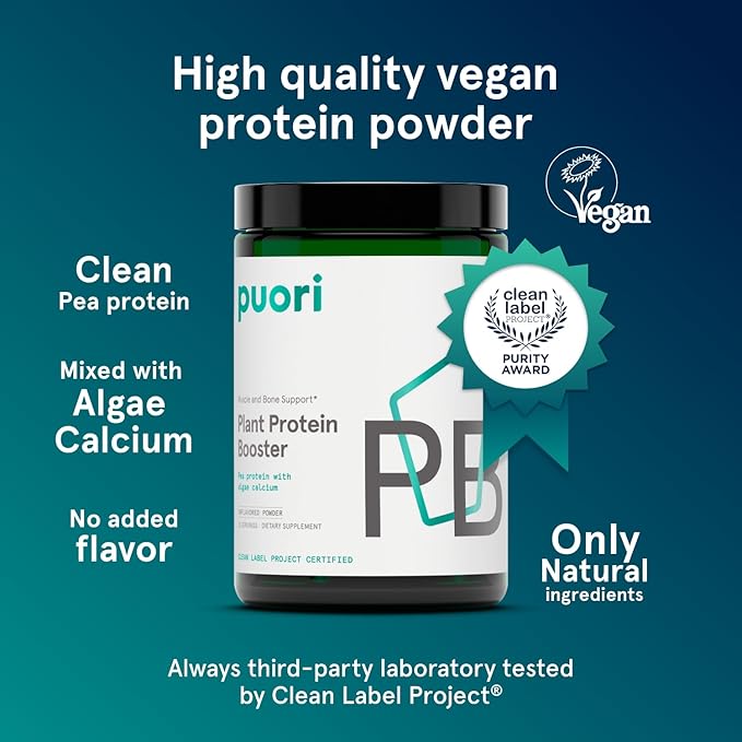 Puori Vegan Protein Powder Unflavored - Plant-Based Protein Powder with Pea Protein Algae Calcium - Workout Supplement for Sustained Energy Bone Health Muscle Recovery &amp Growth - 25 Servings