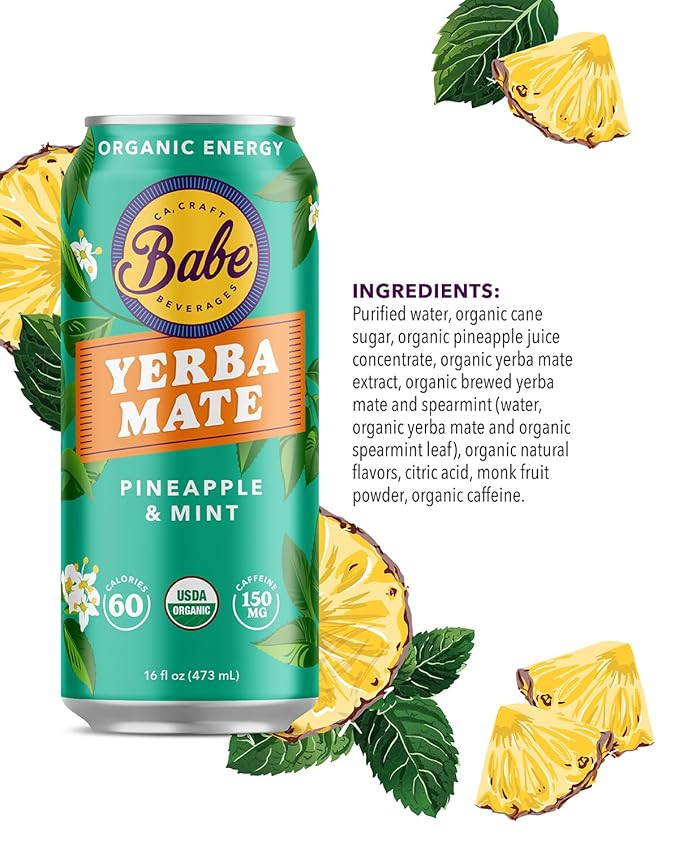 Babe Organic Yerba Mate Energy Drinks | 150mg Plant-Based Caffeine | Natural Yerba Mate Tea with No Crash No Jitters - Sample Pack (6 x 16oz Cans)