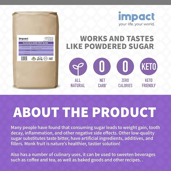Impact Powdered Sweetener - Allulose &amp Monk Fruit Blend - Zero Calorie and Carb Keto-Friendly Sugar Substitute Bake &amp Cook Guilt-Free - 44 lbs