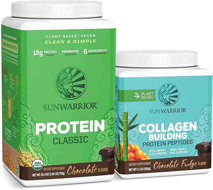 Sunwarrior Classic Vegan Protein Powder | Plant-Based 30 Servings Chocolate &amp Collagen Building Powder Hyaluronic Acid | 20 Servings Chocolate Flavored