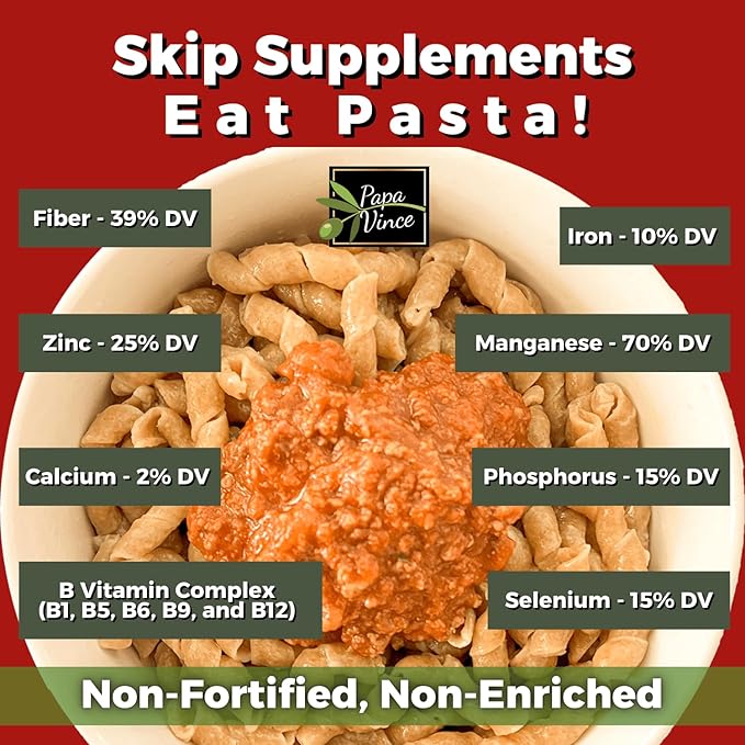 Papa Vince Organic Italian Pasta - Imported Whole Wheat Heirloom Grain from Italy: Non-Enriched Bronze Die-Cut High Fiber Slow Carb Slow-Dried Artisan Busiate Pasta Made in Italy