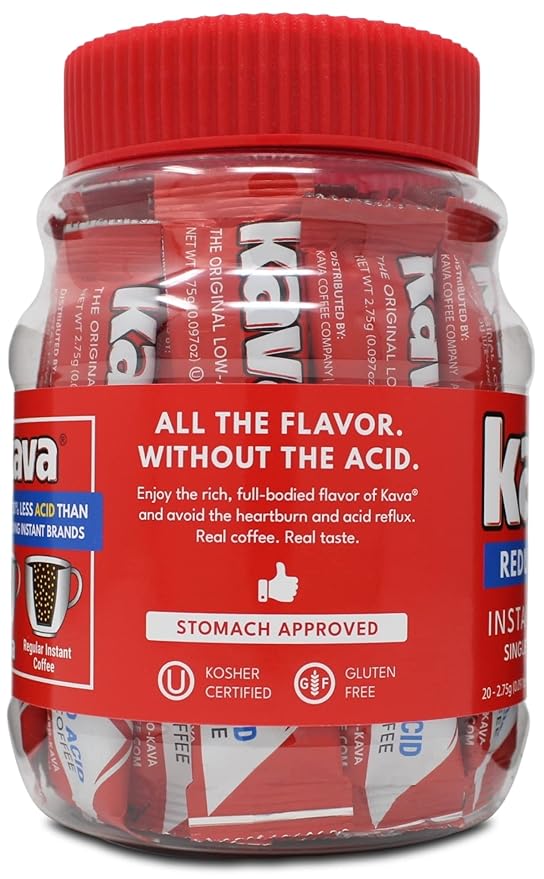Kava Low Acid Instant Coffee Gift Set 4 Ounce Glass Jar &amp 20 Single Serve Stick Packets for On-The-Go &amp Travel