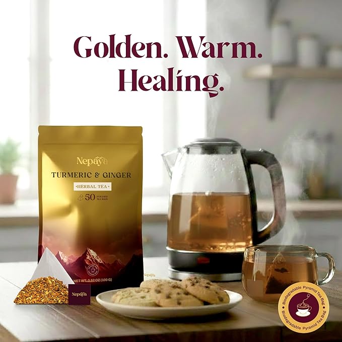 Turmeric Ginger Herbal Tea Bag 50 Count Pyramid Tea Bags From the Himalayas Caffeine Free Gluten Free warm and spicy Taste biodegradable Tea Bags
