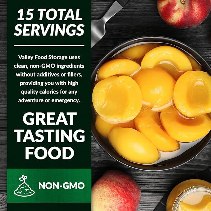 Valley Food Storage Freeze Dried Peach Slices | 10-Bag Bucket 21 oz | Non-GMO Premium Emergency Food Supply 25 Year Shelf Life | Prepper Supplies Survival Food Off-Grid Living | Packaged in USA