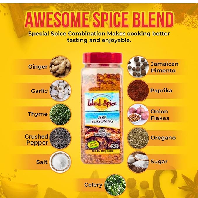 Island Spice Jerk Seasoning 32 ounces - Gluten-Free Vegan-Friendly Dry Rub with Real Jamaican Pimento - Authentic Jerk Flavors and Spice Blend - Use on Chicken Pork Beef Seafood and Vegan Dishes