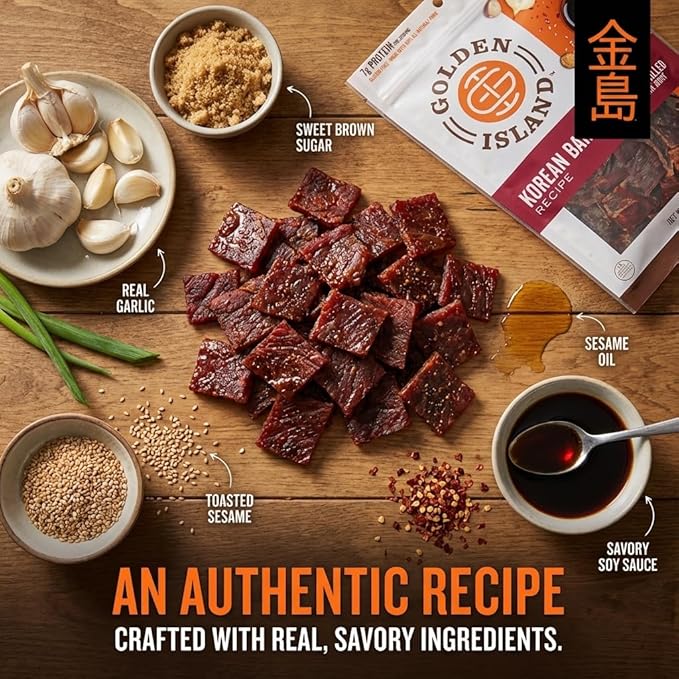 Golden Island Pork Jerky Korean BBQ Flavored Specialty Meat Snack Gluten Free with Korean Barbecue Seasoning Bite Sized Sweet and Savory Protein Snack 7g of Protein Per Serving 9 Oz (2 Pack)