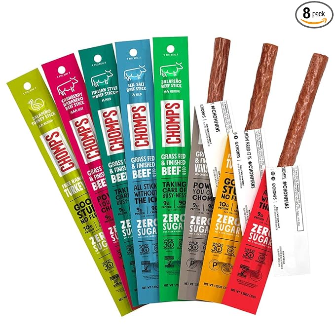 Chomps Variety Trial Pack Grass Fed and Free Range Beef &amp Turkey Sticks 8 Flavor Pack - Keto Paleo Whole30
