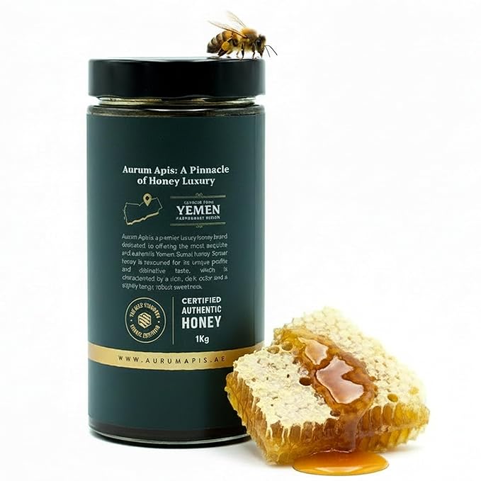 Aurum Apis Raw Yemeni Sumar Honey 100% Raw Unfiltered Pure Honey Hand Harvested Organic Honey Non-GMO Unprocessed Certified Organic Honey from Sumar Tree Rich Flavor &amp Aroma – 1kg Honey Jar