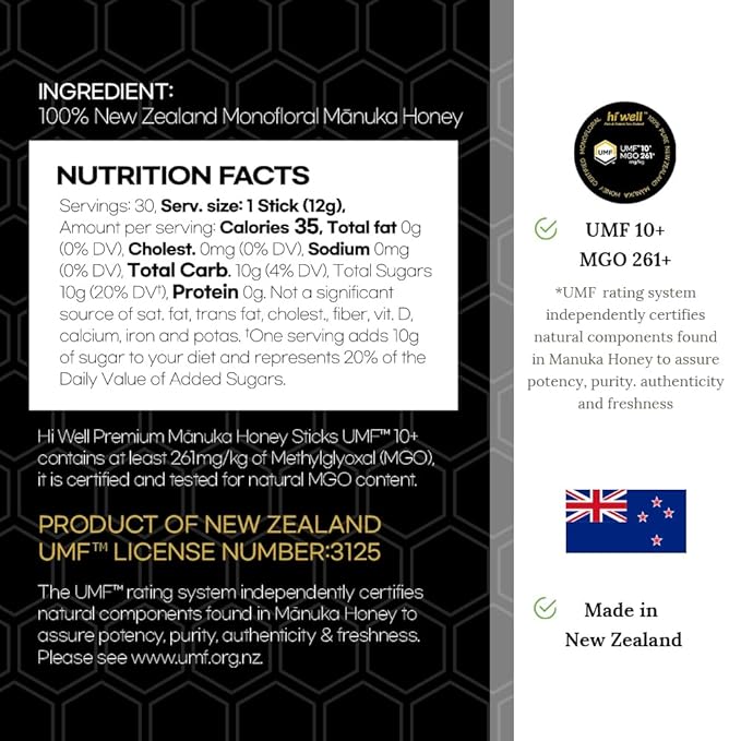 Hi Well Premium New Zealand 100% Manuka Honey | Monofloral Pure Raw Honey | UMF MGO Certified | Easy to take12g x 30 sticks | 12.6Oz(360g) (UMF 10+)
