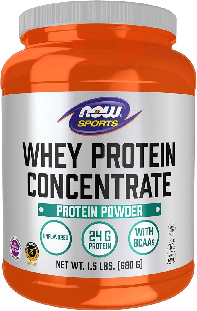 NOW Foods Sports Nutrition Whey Protein Concentrate 24 g With BCAAs Unflavored Powder 1.5-Pound