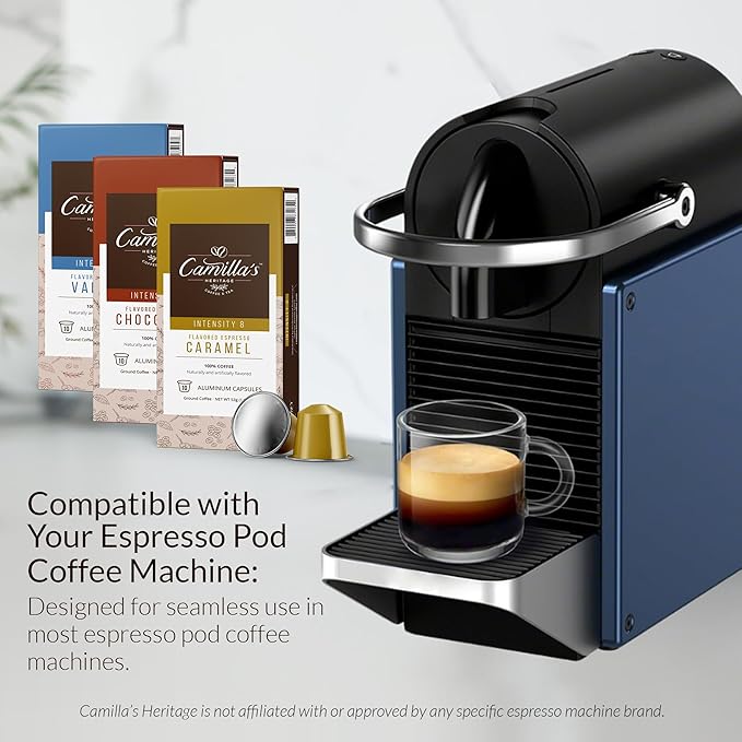 Camilla’s Heritage - Intensity 8 Flavored Espresso Coffee Variety Pack (Gourmet Chocolate Vanilla &amp Caramel Espresso Cups) 60 Coffee Pods