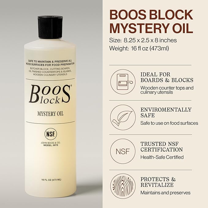 John Boos 3-Piece All-Natural Care &amp Maintenance Set - 16 oz Mystery Oil 5 oz Board Cream &amp Round Applicator for Butcher Blocks Cutting Boards Wood Countertops and Wooden Utensils