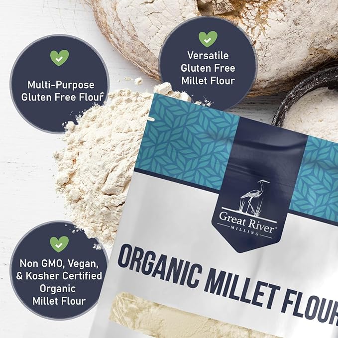 Great River Milling Organic Millet Flour | USDA Organic Naturally Gluten Free Non-GMO Vegan Kosher | Mild Nutty Flavor for Baking Flatbreads Pancakes &amp Porridge | 5 Lb.