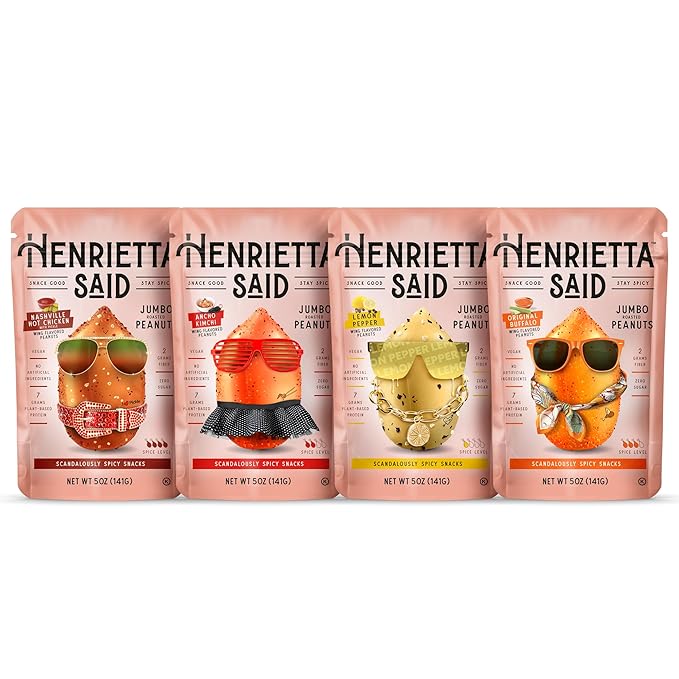 Henrietta Said Wing-Flavored Peanuts - Variety Pack - Truly Good Foods Shelled Snacking Nuts - Bold Flavors - Savory &amp Spicy - Jumbo Flavored Peanuts - Protein Packed Vegan Snack - 4 (5-oz) Packs