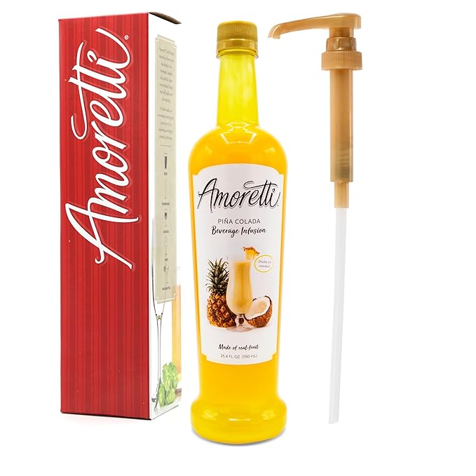 Amoretti - Pina Colada Beverage Infusion 94 Servings Per Bottle (750 ml) - Drink Mix &amp Water Enhancer with Pump for Flavoring Cocktails Waters Teas and other Beverages Preservative Free