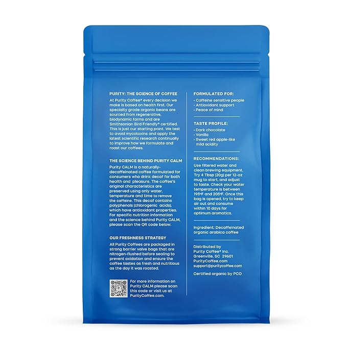 Purity Coffee CALM Decaf Medium Roast Ground (12oz Bag) | Specialty-Grade USDA Organic Mountain Water Process Decaffeinated Blend | Third Party Tested for Mold Mycotoxins &amp Pesticides
