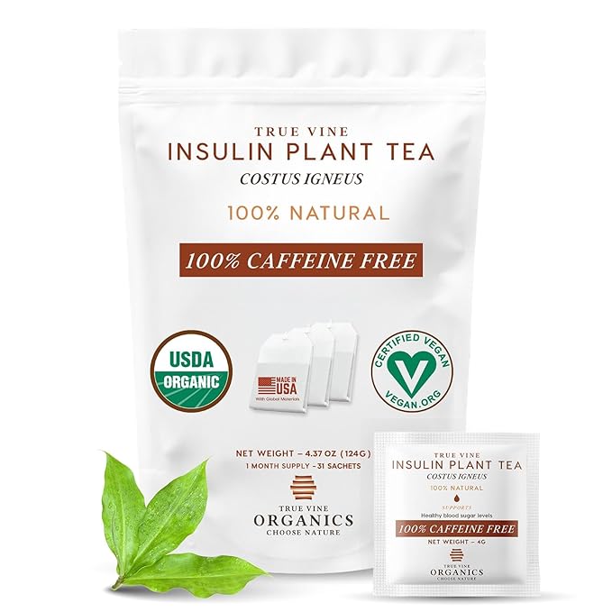 True Vine Insulin Plant Tea (USDA Organic) — Herbal Organic Tea Bags for Blood Sugar Support Digestive Wellness &amp Metabolic Balance — 100% Natural Caffeine-Free No Additives – 31 Sachets (4g Ea