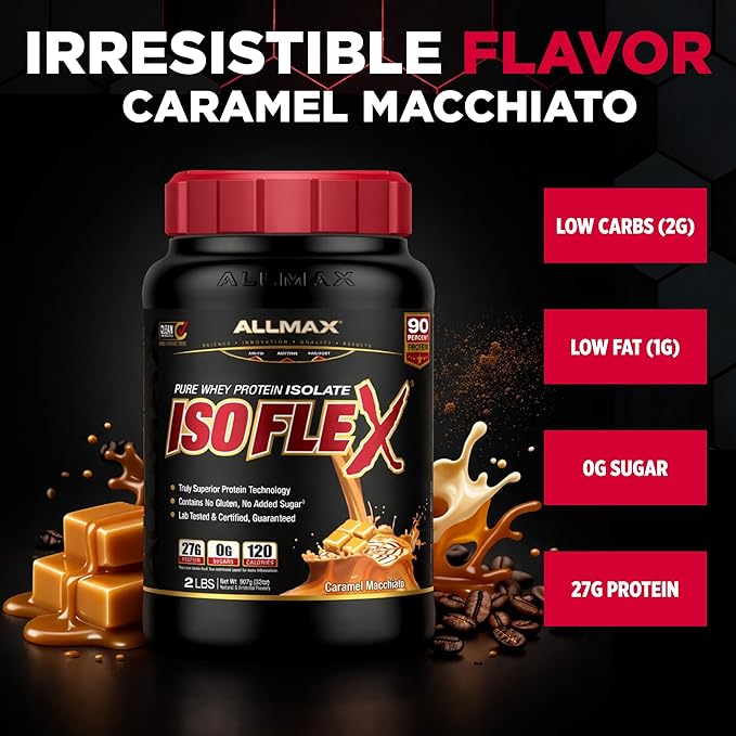 ALLMAX ISOFLEX Pure Whey Isolate Protein Powder - Gluten Free Low Lactose Sugar-Free - High-Protein Clean Keto-Friendly for Pre Post Workout Supplement for Women and Men | Caramel Macchiato 2lb