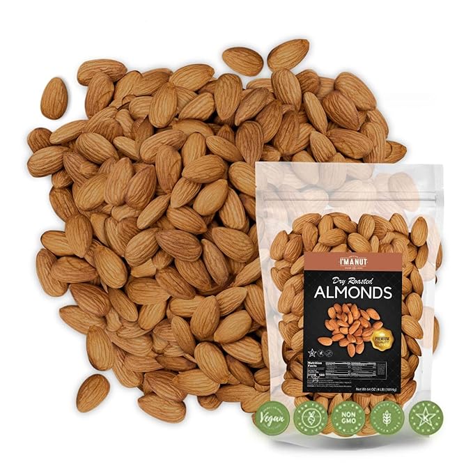 Dry Roasted Almonds Unsalted 64 oz (4 lbs) Batch Tested Gluten &amp Peanut Free | No Oil | Whole | No PPO | Non-GMO | No Herbicide | Healthy Protein Boost | Premium Quality | Try the difference