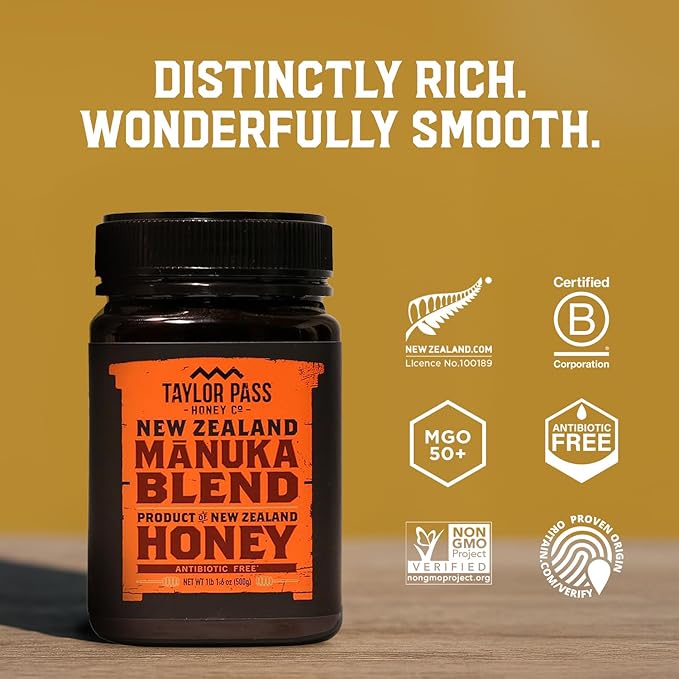 Taylor Pass Honey Co Manuka Honey Blend | Non-GMO New Zealand Honey in BPA-Free Jar | Sustainable Manuka Honey Blend |1lb 1.6oz