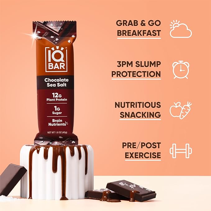 IQBAR Clean Plant Protein Bars - Chocolate Sea Salt - 24 Count - Keto Vegan High Fiber Gluten and Dairy Free Low Sugar Snack - Brain and Body Nutrients for Focus Energy Meal Replacement