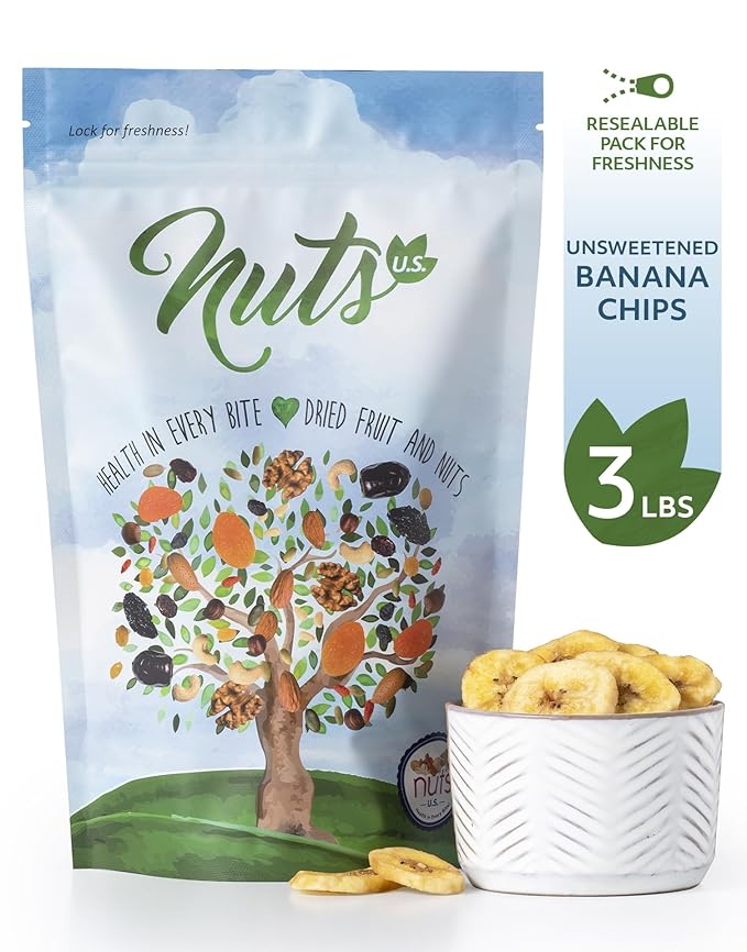 NUTS U.S. - Unsweetened Banana Chips | No Sulphure Added &amp No Artificial Colors | NON-GMO | Natural | Packed in a Resealable Bag!!! (3 LBS)