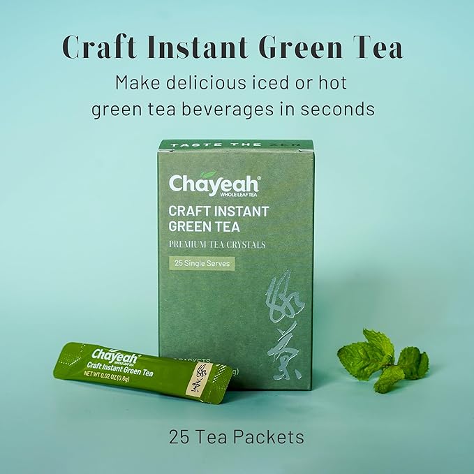CHAYEAH Craft Instant Green Tea Quick Brew Tea Crystals No Sugar Natural Caffeine Hot or Cold (25 Packets)
