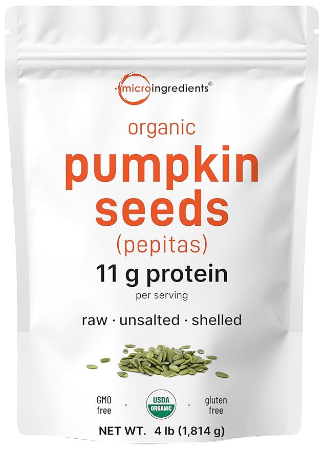 Organic Pumpkin Seeds 4lbs | Raw Unsalted &amp Shelled – Whole Pepitas | Pumpkin Seeds to Eat | Great for Baking Smoothies &amp Salad Toppings | Natural Source of Essential Fatty Acids Protein