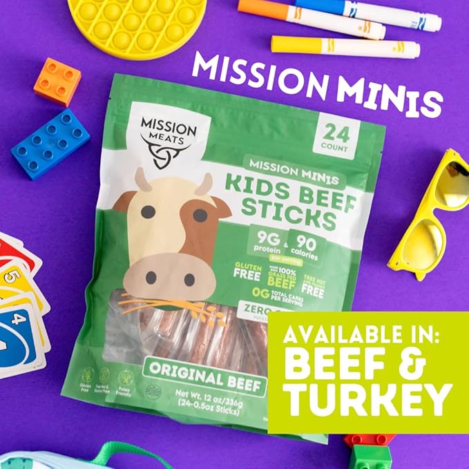 Mission Meats Kids Turkey Sticks 100% Free Range Healthy Snacks for Kids Zero Sugar 9g Protein per Serving Gluten &amp Nut Free Individually Wrapped Mini 0.5oz (24ct Bag)