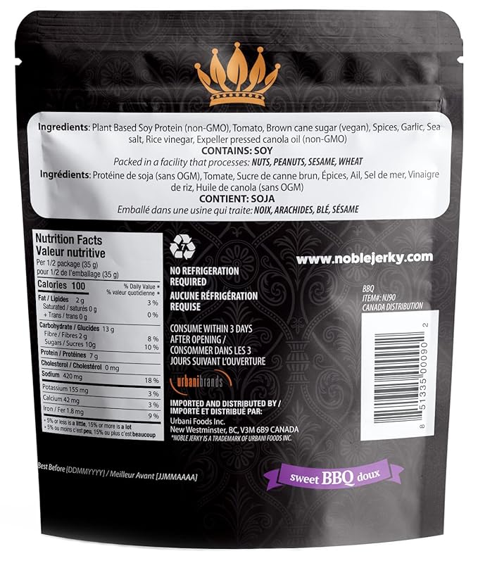 Noble Jerky – Vegan Jerky Plant-Based High Protein Snack Vegetarian Non-GMO BBQ Flavor 12 Pack (70g Bags) 14g Protein Per Bag