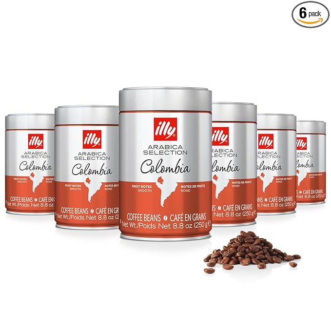 Illy Whole Bean Coffee Colombia Medium Roast - Notes of Citrus and Red Fruits - 100% Arabica - Whole Beans - Pressurized Packaging Sealed for Freshness – 8.8oz Can (Pack of 6)