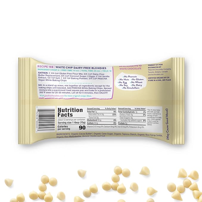 Pascha Organic Vegan White Baking Chips - Dairy-Free Alternative - Rice-Based Bulk Baking Chocolate - Allergen-Free &amp Plant-Based - Rainforest Alliance Certified Cocoa Butter (Pack of 6)