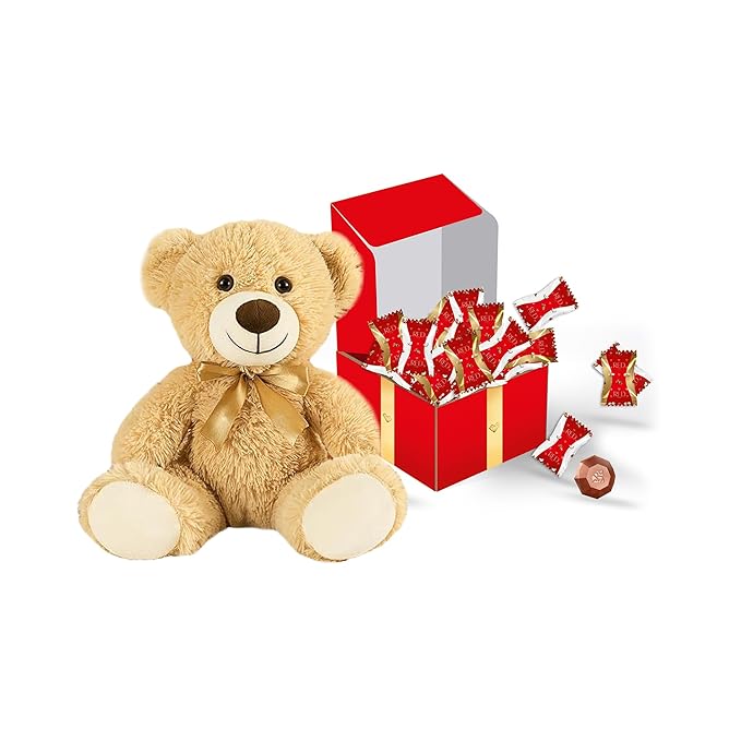 RED Delight®™ 100 Piece Chocolate Gift Box (100 Piece Gift Box w/Truffles + 14 Plush Bear Variety: Coconut + Hazelnut &amp Macadamia)