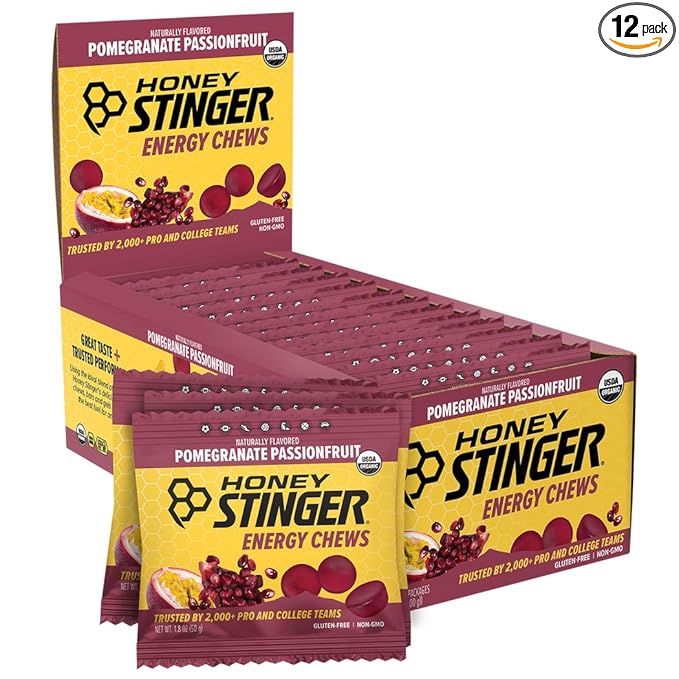 Honey Stinger Organic Pomegranate Passionfruit Energy Chew Gluten Free &amp Caffeine Free for Exercise Running and Performance Sports Nutrition for Home &amp Gym Pre and Mid Workout 12 Pack