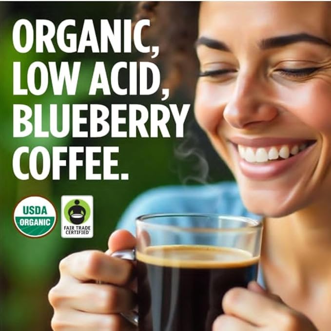 VitaCup Perfect Blueberry Flavored Low Acid Coffee Pods Organic Fair Trade Dark Roast Single Origin from Guatemala Clean &amp Pure Single Serve Pods 32 Ct