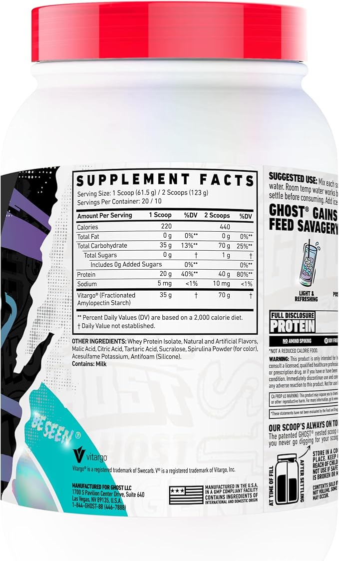 GHOST Clear Gains Mass Gainer Protein Powder - Post-Workout Weight Gainer Mix - 40g of Whey Protein Isolate 440 Calories &amp 70g Vitargo Carbs - Lean Muscle Building &amp Recovery - Blue Raspberry