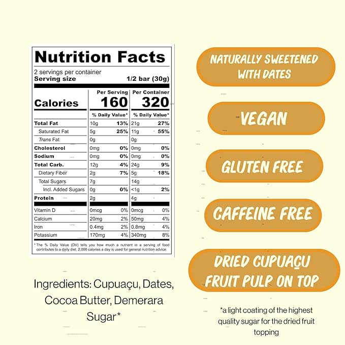 Figa Foods 63% Fruity Cupuaçu Bar - Date Sweetened Vegan Gluten Free Caffeine Free Only 3 Ingredients - Chocolate's Brazilian Cousin - Dried Superfruit on Top [60g] - 3 Pack