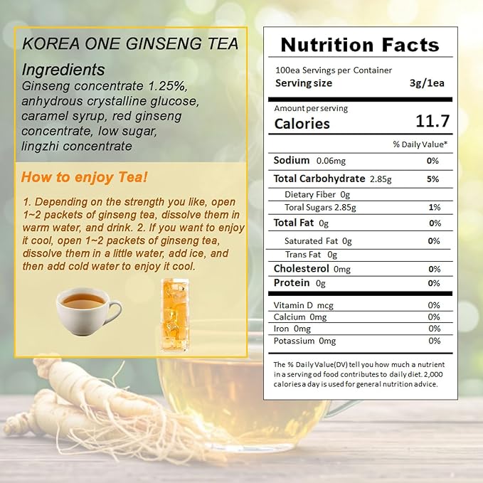 LENITH Korean One Ginseng Tea Packets Sachets-Concentrated Ginseng Extract Easy Dissolve Granulate Form Hot or Cold Tea_10.58 oz / 300 g (3g x 100ea)