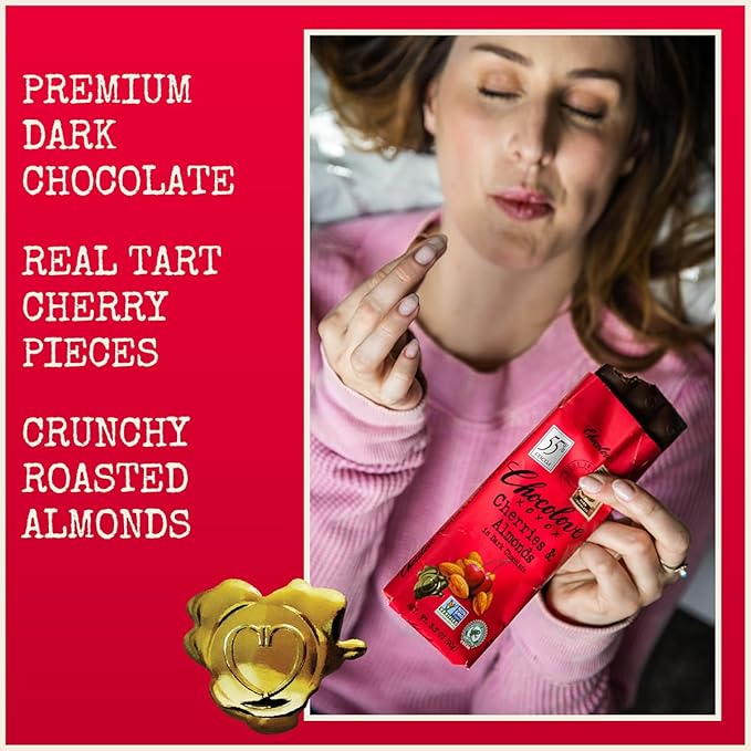 Chocolove Cherry &amp Almonds Dark Chocolate Bars | 55% Cocoa | Infused with Real Cherries &amp Crunchy Almonds | Crafted with Premium Chocolate | 3.2 oz Bar (12 Pack)