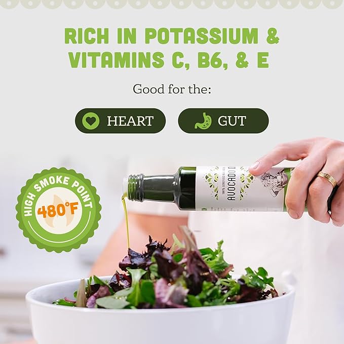 AVA JANE'S KITCHEN - Extra Virgin Avocado Oil - 100% Cold Pressed Natural &amp Unrefined - 480°F High Smoke Point Rich in Potassium &amp Vitamins - Creamy &amp Buttery Taste - 2 Bottle Pack 8.4