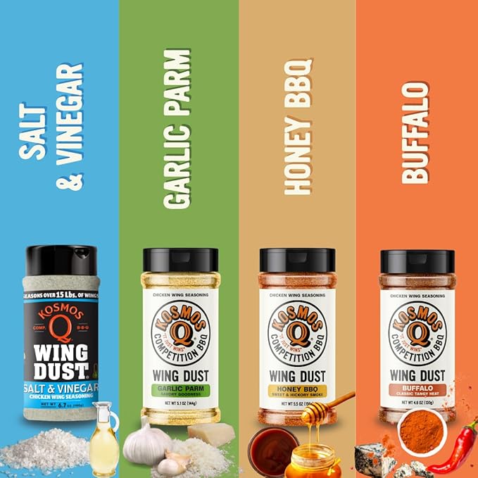 Kosmos Q Ultimate Chicken Wing Box Includes Buffalo Honey BBQ Garlic Parmesan and Salt &amp Vinegar Seasoning Gift Set for Chicken Popcorn Fries &amp More Gifts for Men