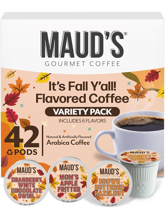 Maud's Fall Flavored Coffee Pods Variety Pack 42ct 6 Assorted Flavors Medium Roast Coffee in Single Serve Pods – 100% Arabica Beans Compatible with Keurig K Cups Maker