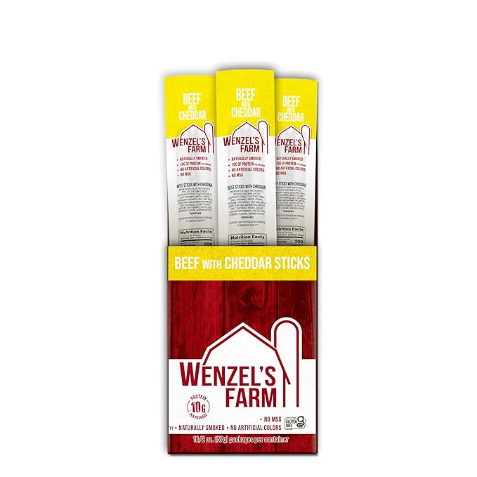 Wenzel’s Farm Beef with Cheddar Sticks │Snack Sticks │ Flavorful Naturally Smoked │ High Protein Low Carb │ No MSG Fillers Binders Artificial Colors │ Gluten Free | 32 sticks (16 packs of 2)