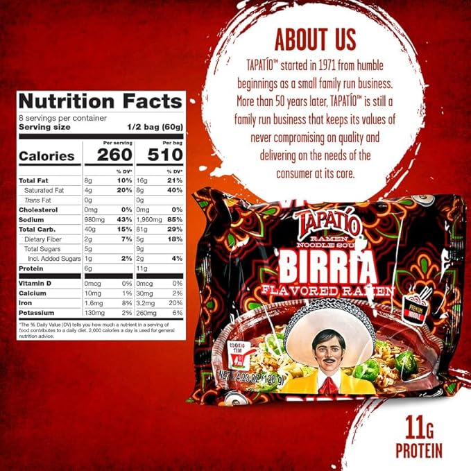 Tapatío Ramen Noodle Soup Birria Flavored - Pouch 4.23 oz. (120g) Case of 16