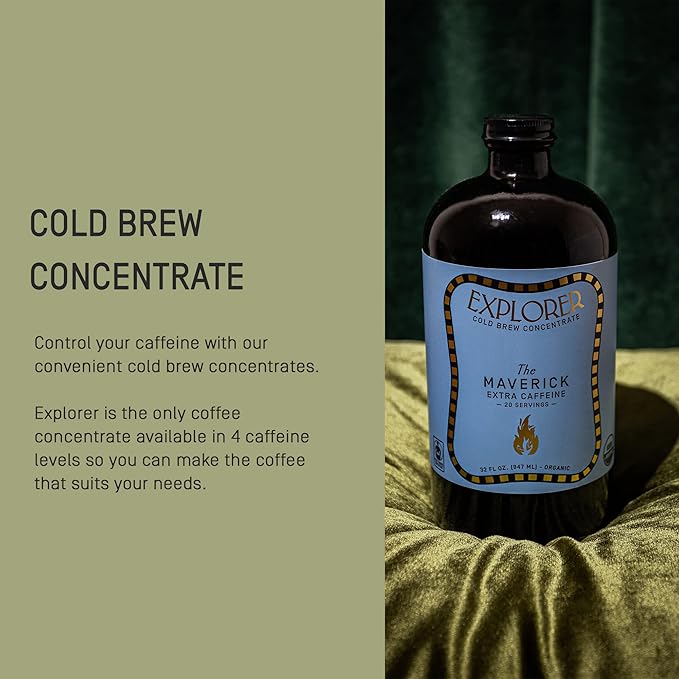 Explorer Cold Brew Organic Coffee Concentrate Maverick Extra Caffeine Drink Iced or Hot 32 fl oz Makes 20+ Cups