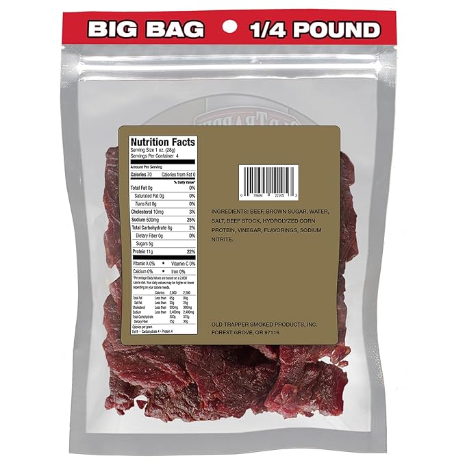 Old Trapper Beef Jerky Old-Fashioned 1/4-Pound Individual Package Tender Meat Snacks for Lunches or Between Meals 11 Grams of Protein Zero Grams of Fat 70 Calories per Serving (Pack of 8)