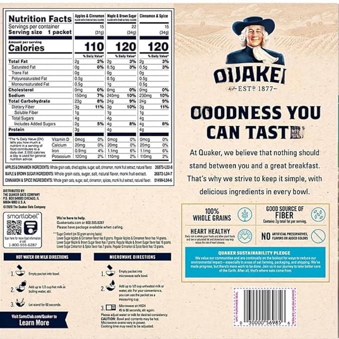 Qua-kker Lower Sugar Instant Oatmeal Variety Pack 1.17 oz Packets104 Cont