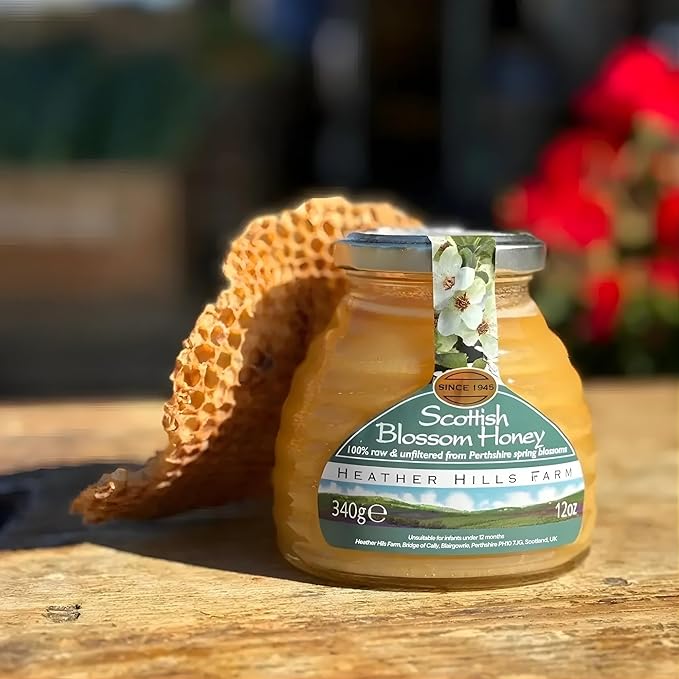 Heather Hills Farm Raw Scottish Blossom Honey Jar 340g (12oz) | 100% Pure Natural Unpasteurized &amp Unfiltered Artisan Honey from Scotland | Made in Highland Perthshire Authentic Scottish Food Gi